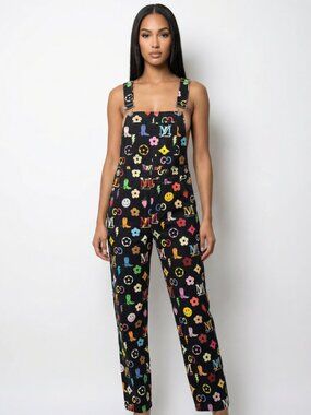 Black Monogram Print Denim Overalls Limited Edition Streetwear